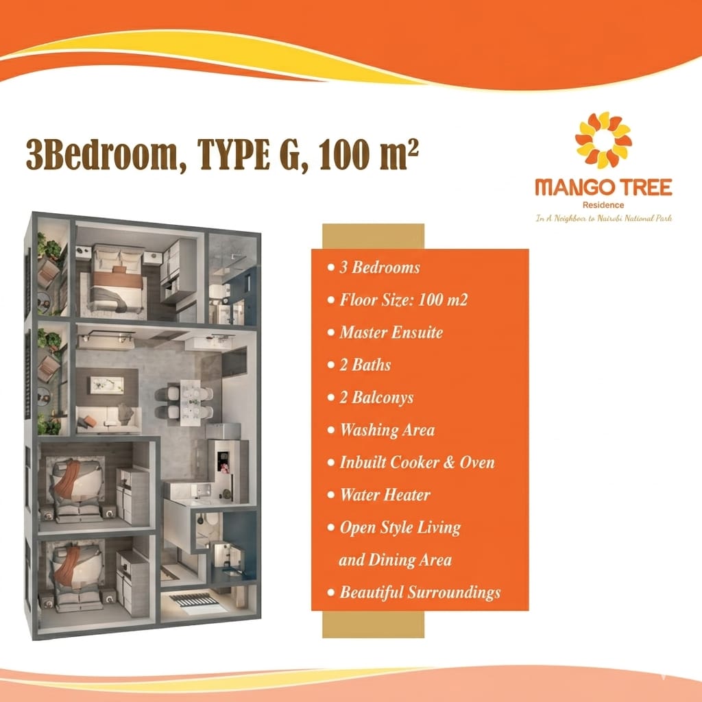 Type G three-bedroom apartment floor plan at Mango Tree Residence, Syokimau